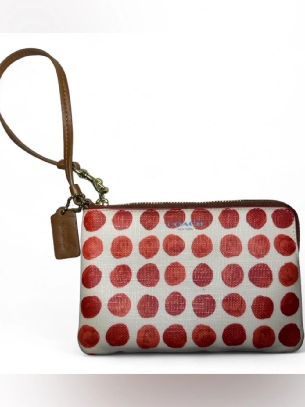 Coach Bleecker Red and White Polka Dot Wristlet w/ Brown Trim Gold Hardware - Picture 2 of 9